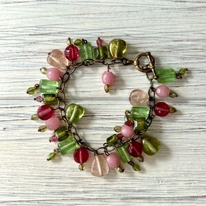 Vintage Pink & Green Bead Charm Bracelet